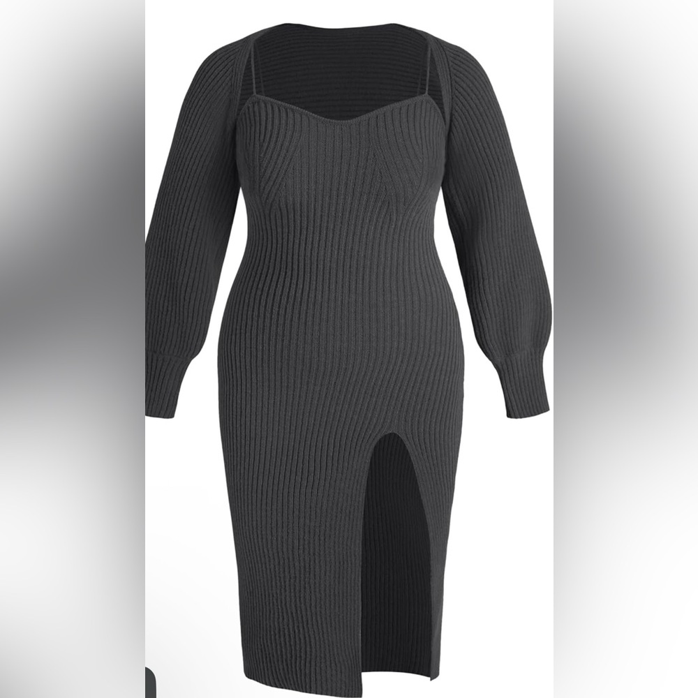 Cider Black Ribbed Knit Midi Dress with Front Slit And Shrug Top - Two Piece Set